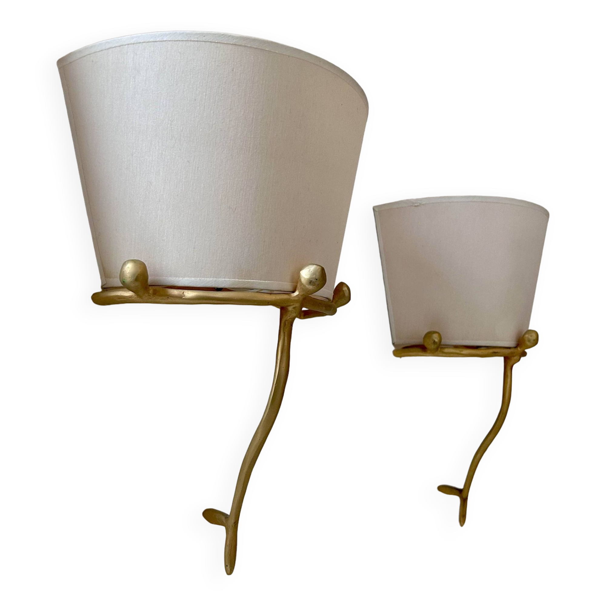 Pair of vintage wall lights, solid brass and ecru fabric, France 1980