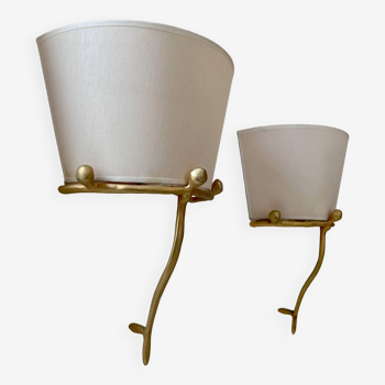 Pair of vintage wall lights, solid brass and ecru fabric, France 1980