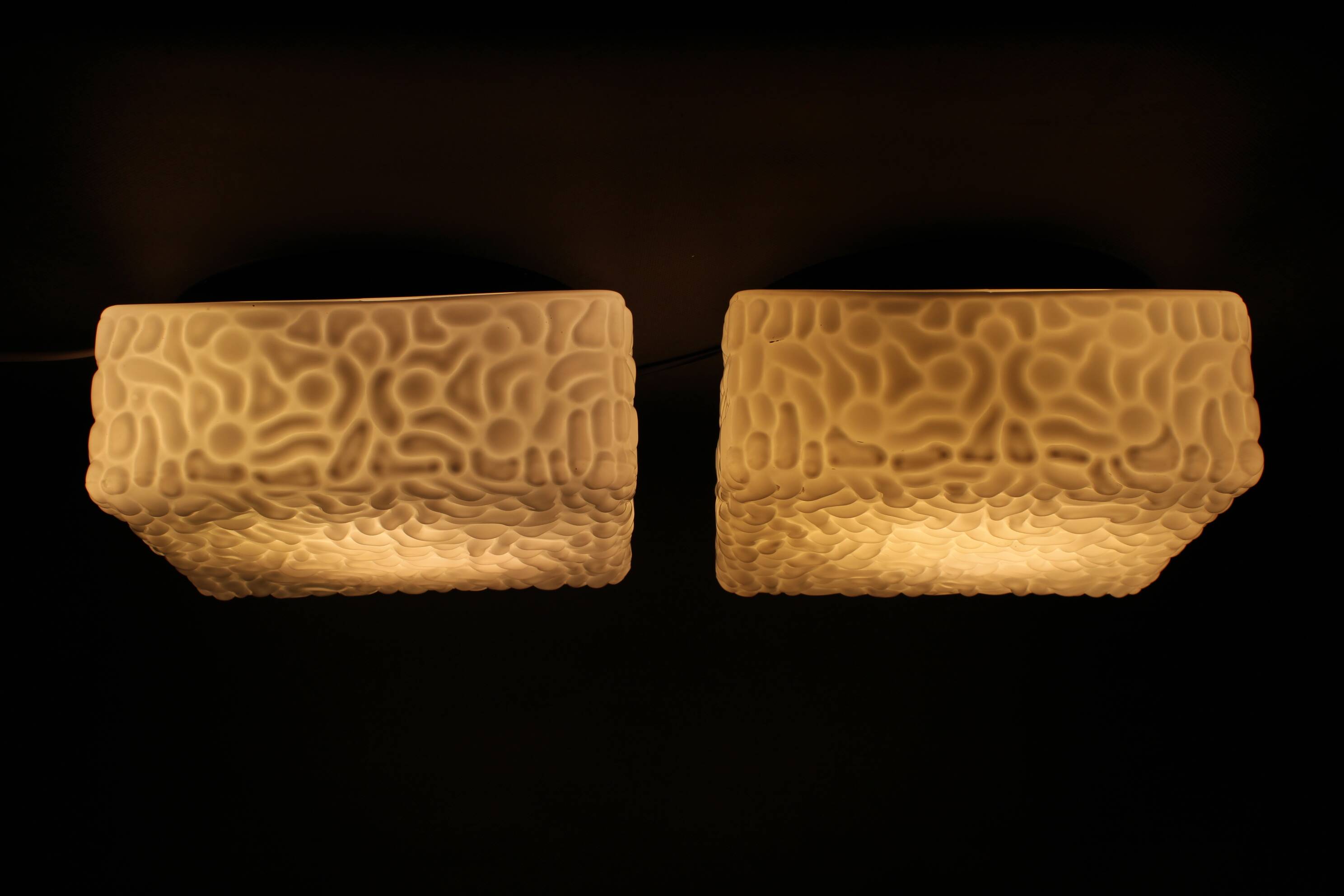 1970s Pair of Milky Glass Square Ceiling Lights, Czechoslovakia