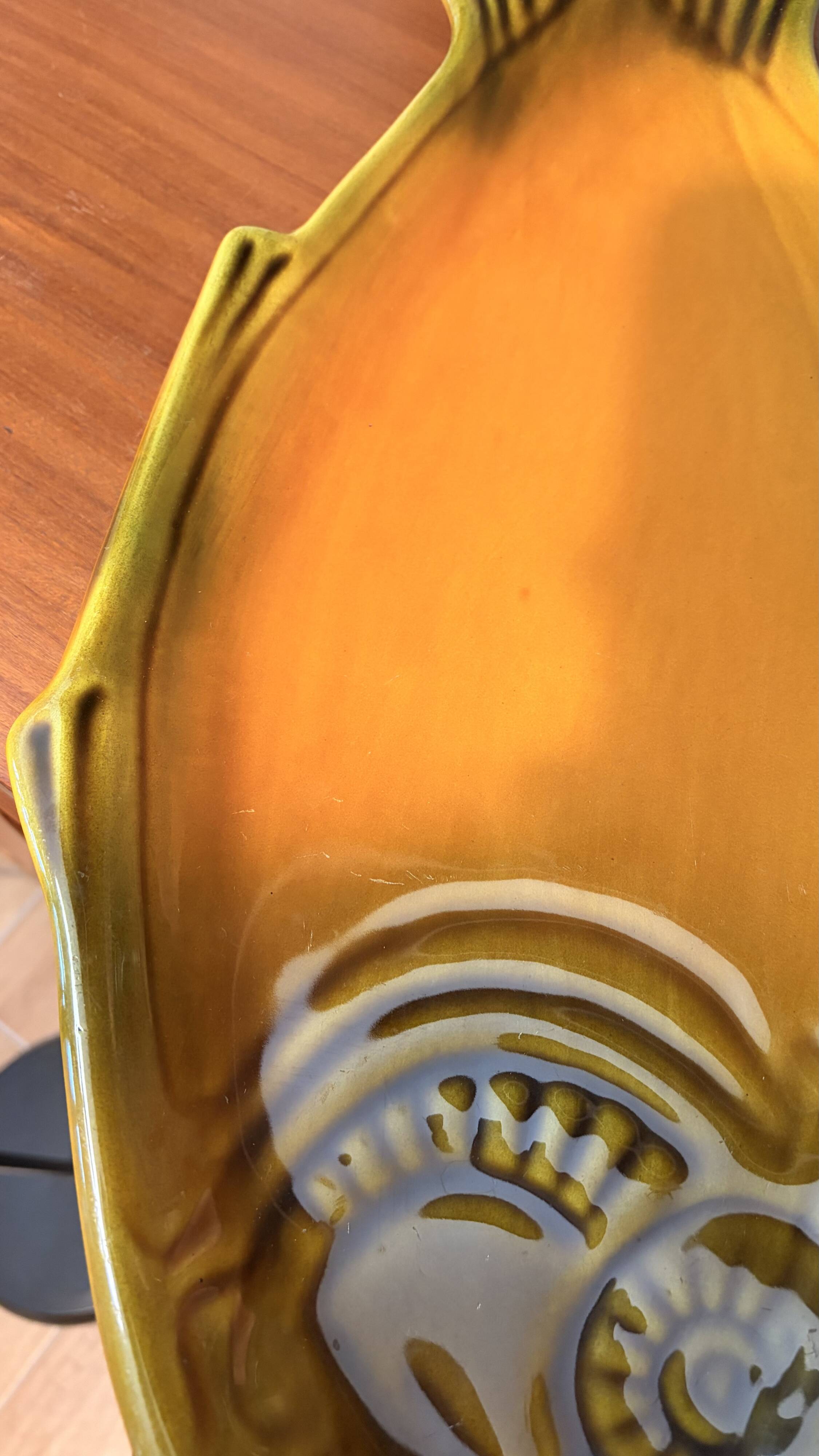 Large vintage fish platter in Vallauris earthenware, 1960s/70s, orange.
