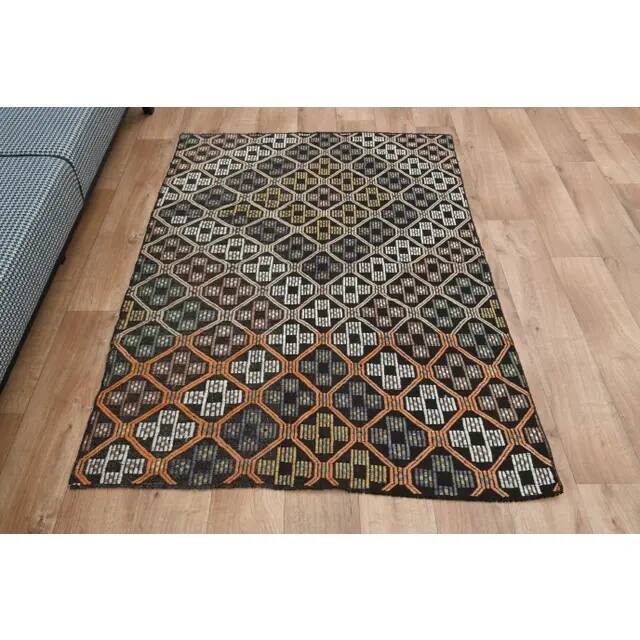 Brown Orange Handmade Vintage Turkish Kilim Area Rug  112x159