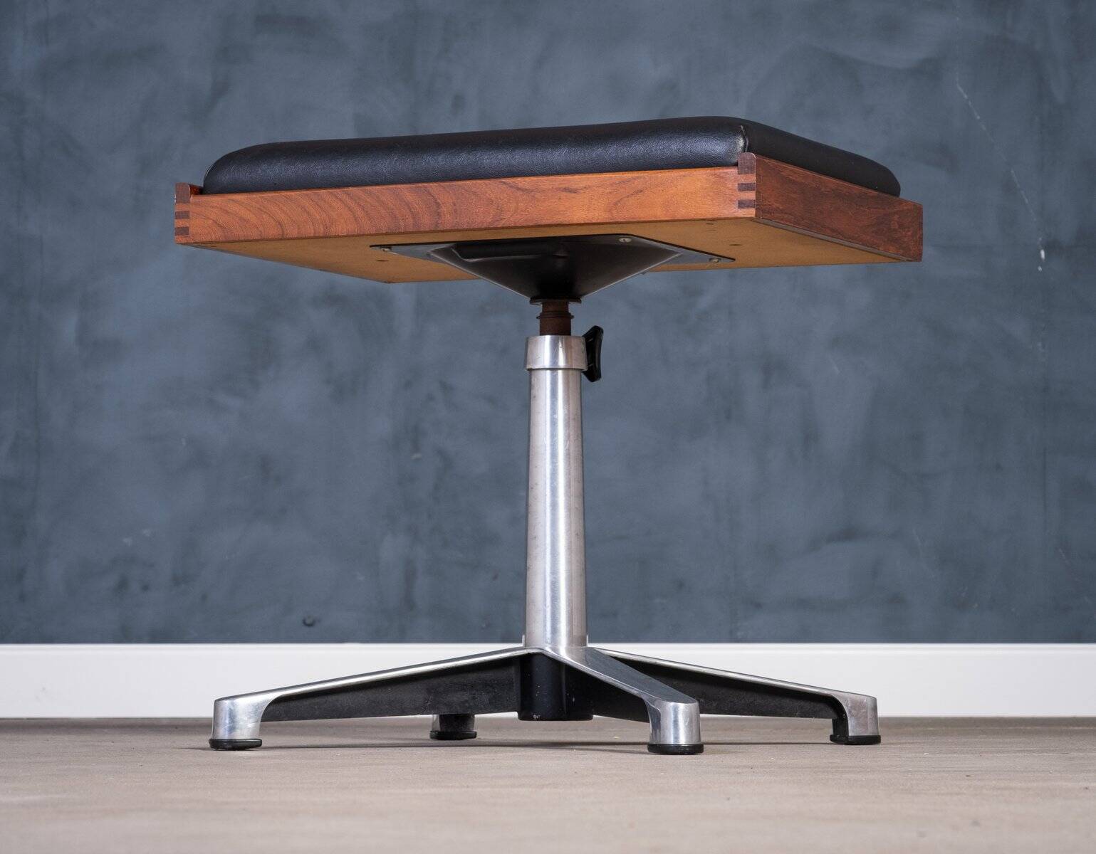 Teak Swivel Stool with Black Leather Seat, 1960s