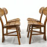 French Modern 3-Legged Chairs & Table in Solid Oak, 1970s