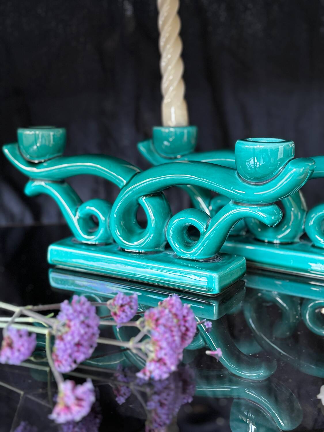 Set of 2 turquoise enamelled ceramic candle holders