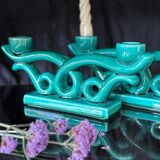 Set of 2 turquoise enamelled ceramic candle holders