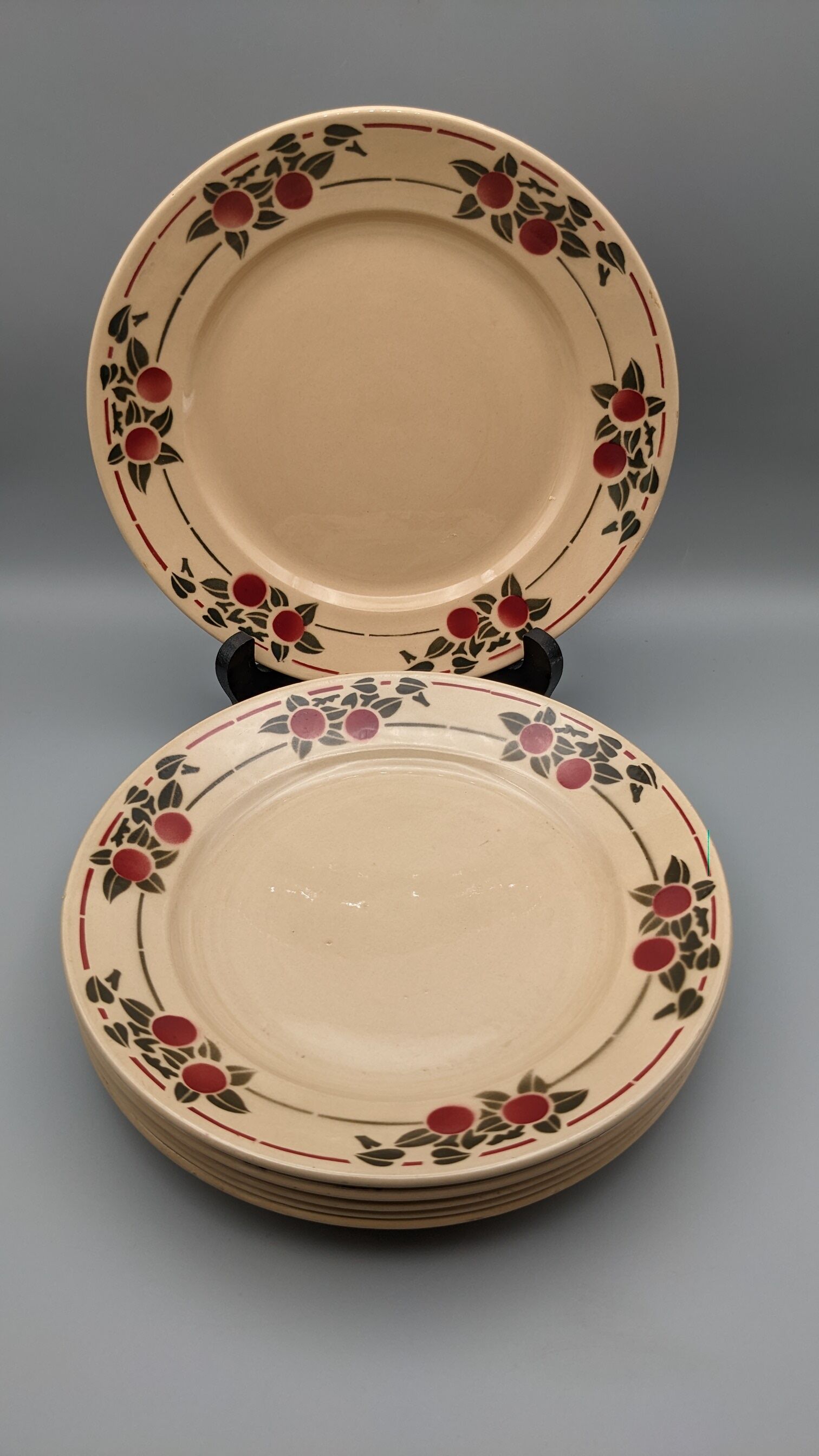 Series 6 flat plates vintage art deco earthenware beige cherry décor
