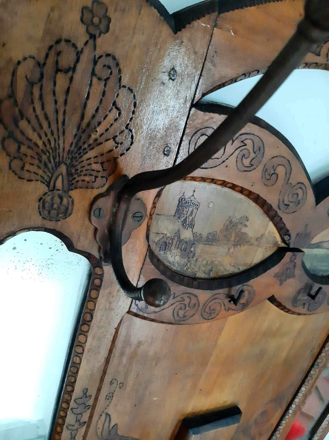 Vestiaire ancien, meuble porte-manteaux vintage, 2 miroirs, 3 patères