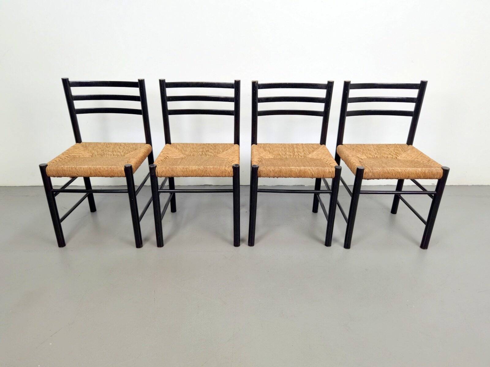Mid-Century Dining Ladder Chairs with Rush Seats, 1960s, Set of 4