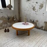 Round coffee table white ceramic and wood