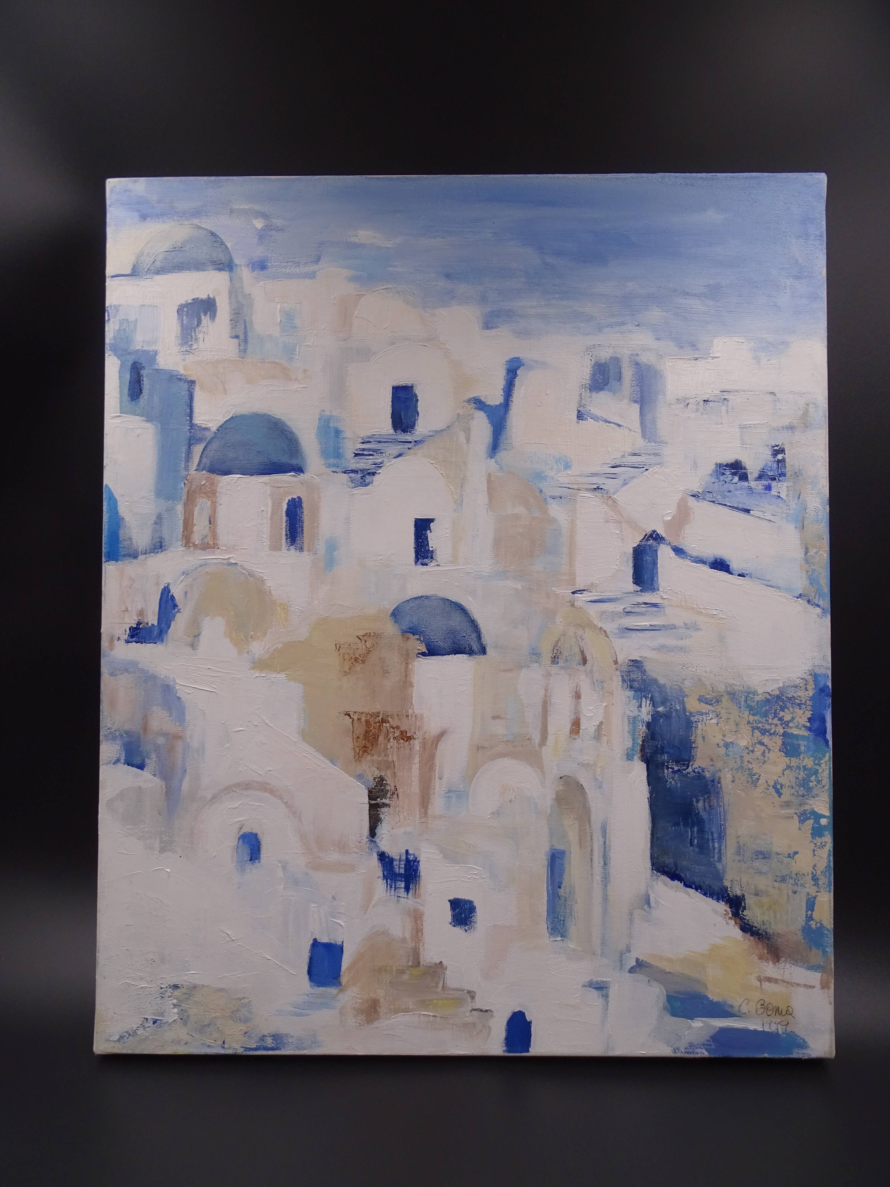 The Greek village - Pastel blue and ochre tones - Signed dated