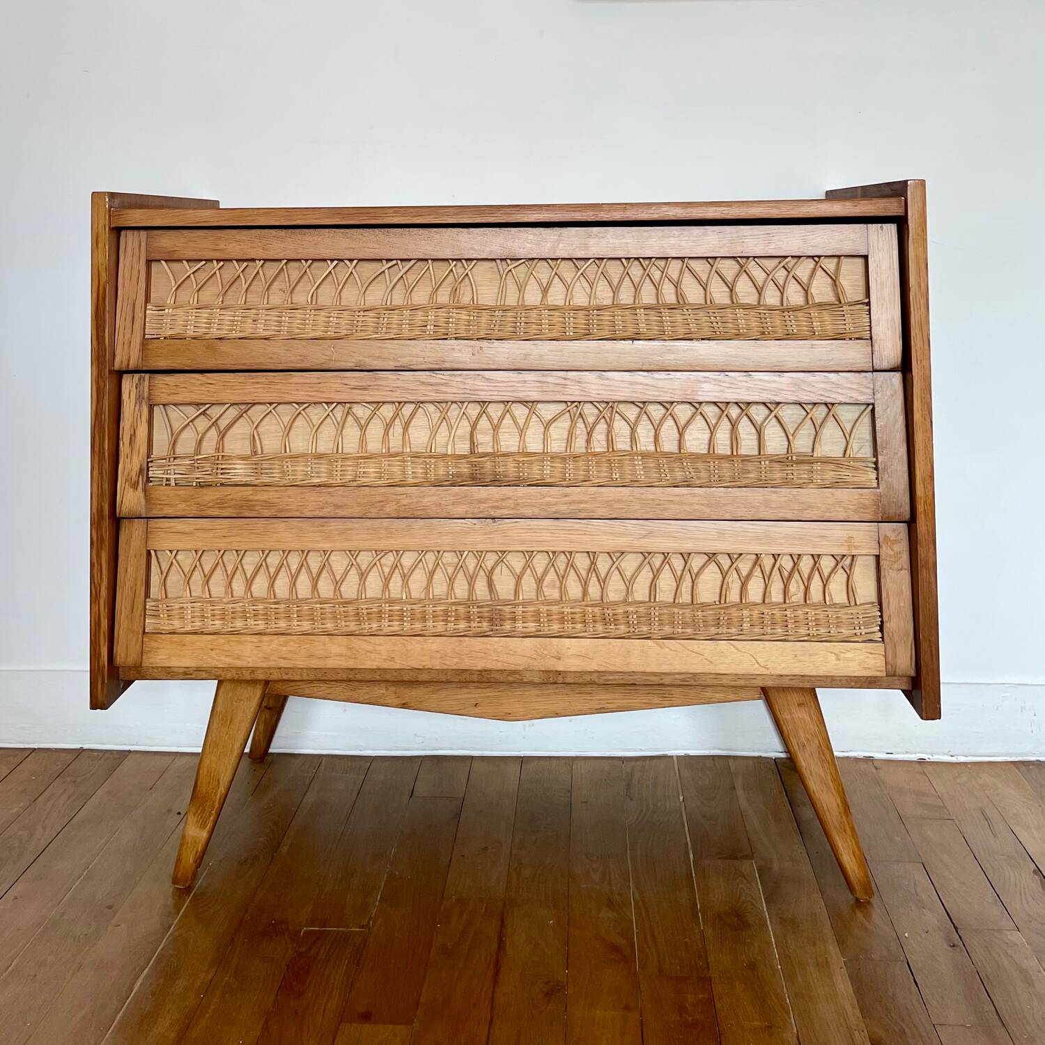 Vintage wooden and rattan chest of drawers