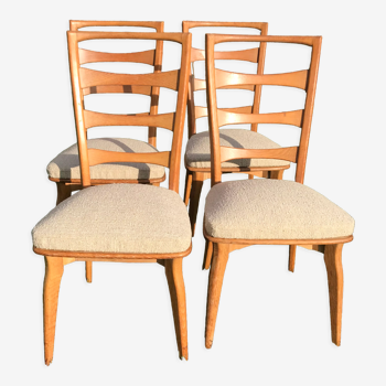 Set of 4 vintage blond oak chairs and beige seat
