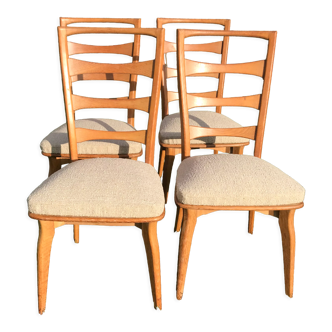 Set of 4 vintage blond oak chairs and beige seat