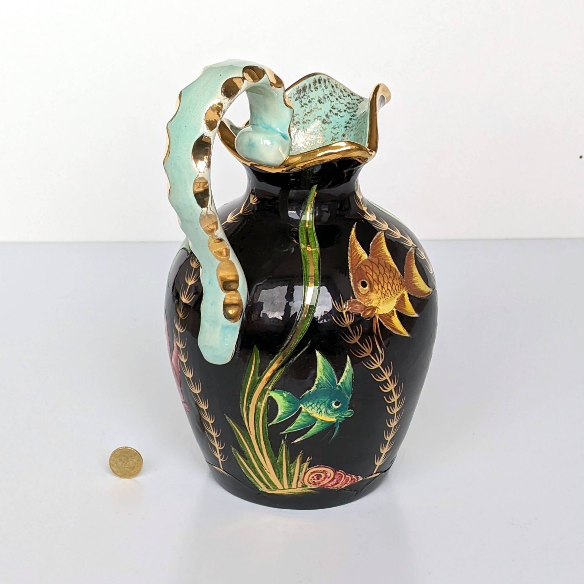 Large pitcher / Monaco vase in polychrome earthenware with bas relief decoration of fish on a seabed
