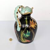 Large pitcher / Monaco vase in polychrome earthenware with bas relief decoration of fish on a seabed