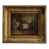 Oil on panel tavern scene monogram BC 19th century
