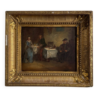 Oil on panel tavern scene monogram BC 19th century