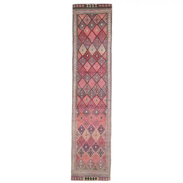 1970s vintage Turkish hand-knotted wool cotton pink runner rug 87x395