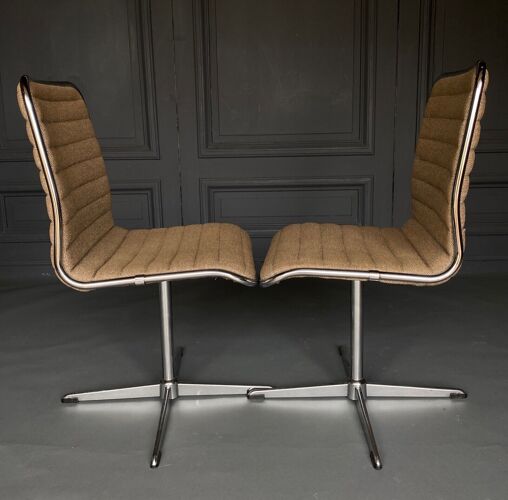 Suite de 4 chaises roche bobois 1970 tissu gris pietement metal chrome