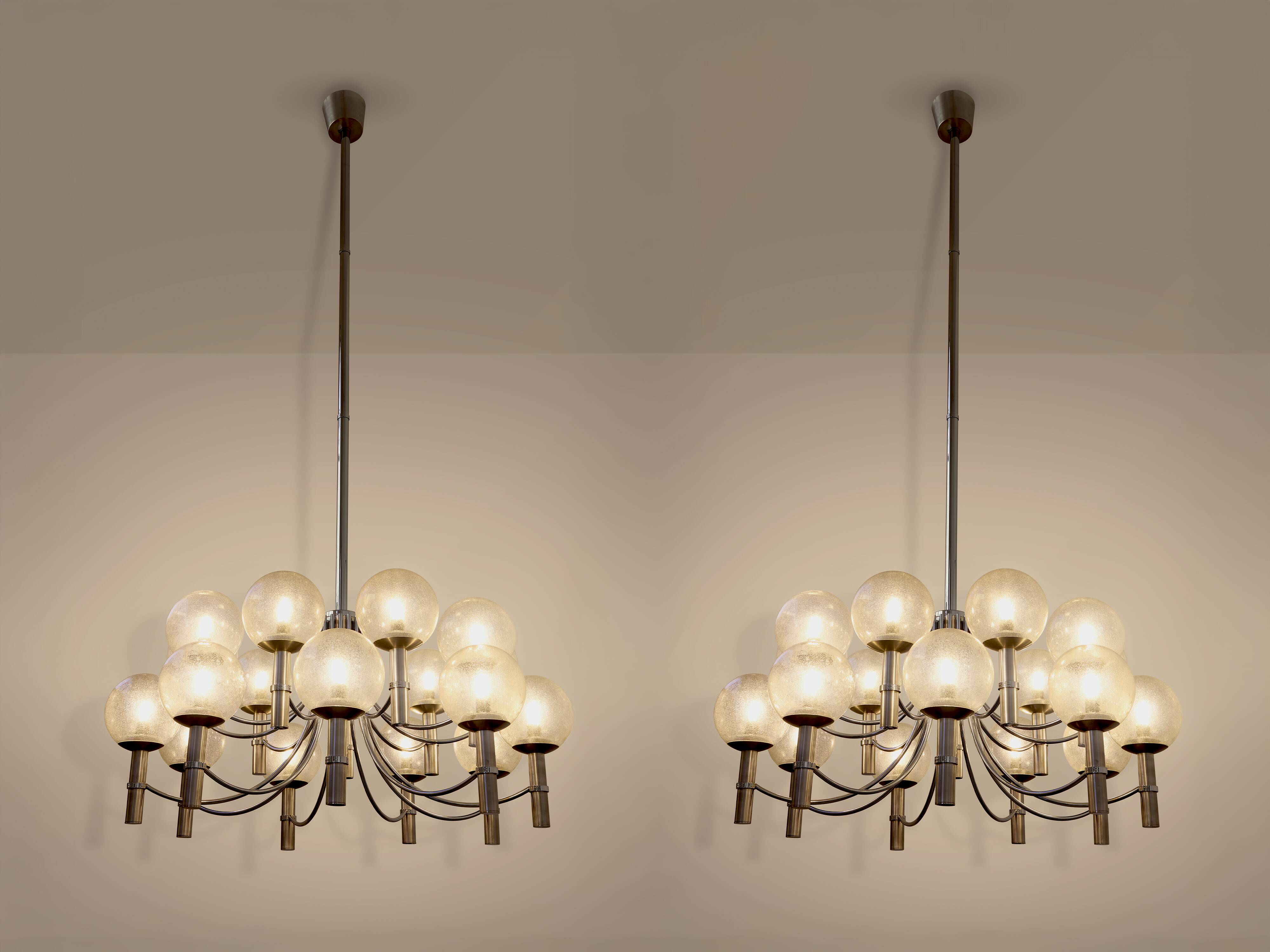 Pair of Veronese chandeliers 165 cms steel glass Murano circa 1970