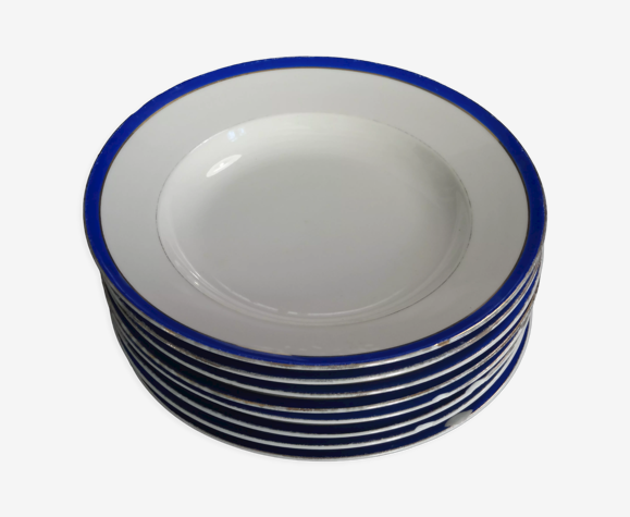 8 assiettes creuses en porcelaine de Limoges, bleu de four, ø 23,5 cm