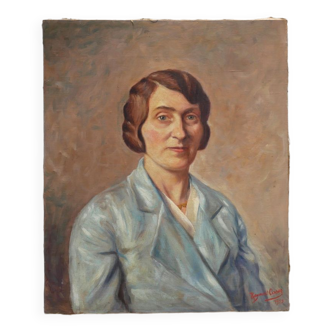 Portrait painting, Painting on old canvas signed Raymond Casez