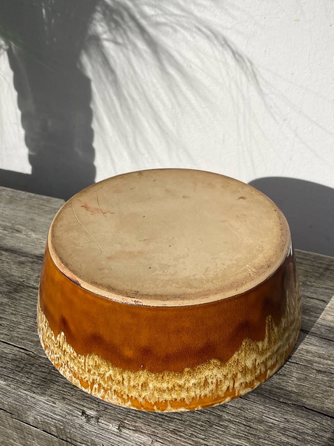Ceramic salad bowl with beige drip glaze, 1970s pottery