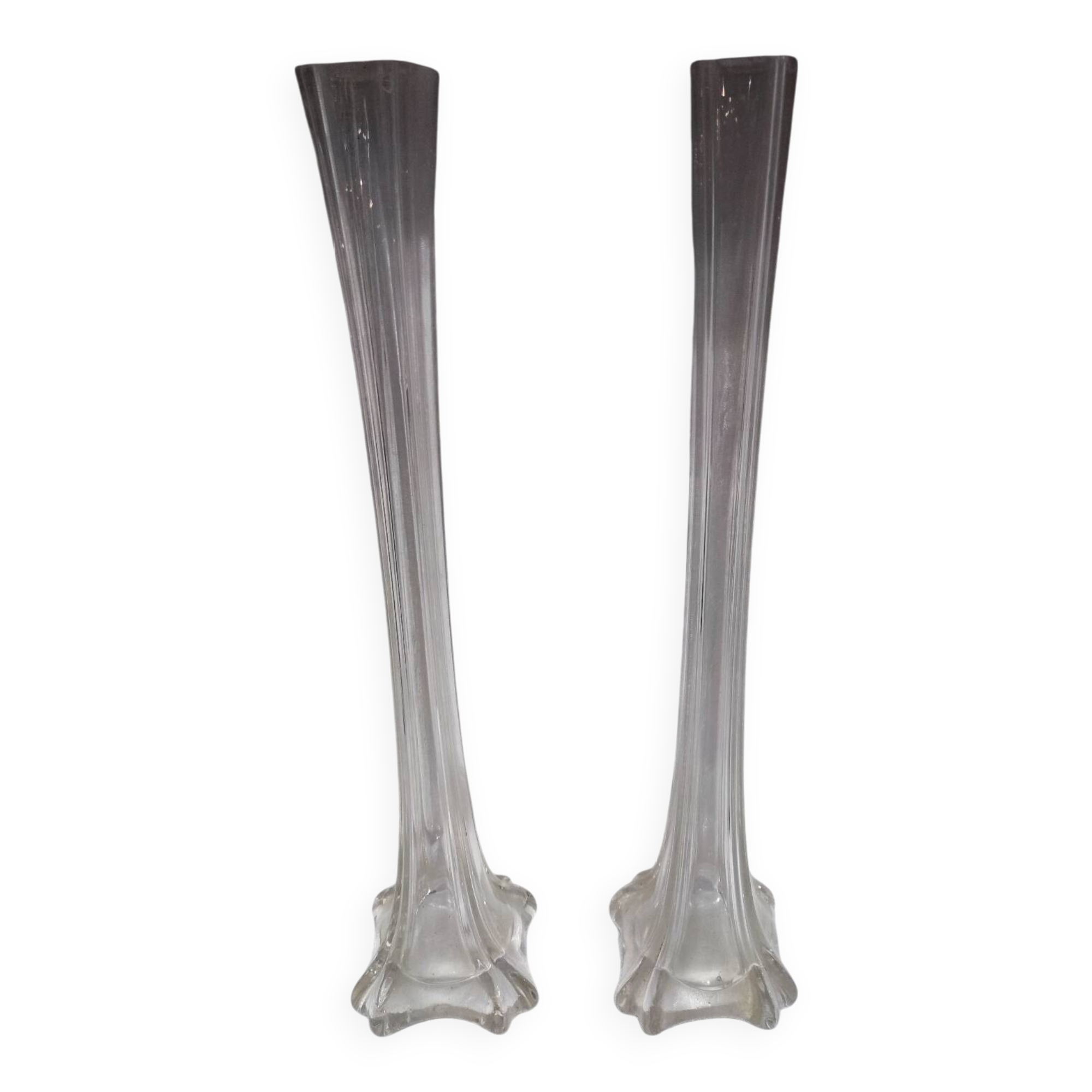 Pair of vintage chiseled glass soliflore vases