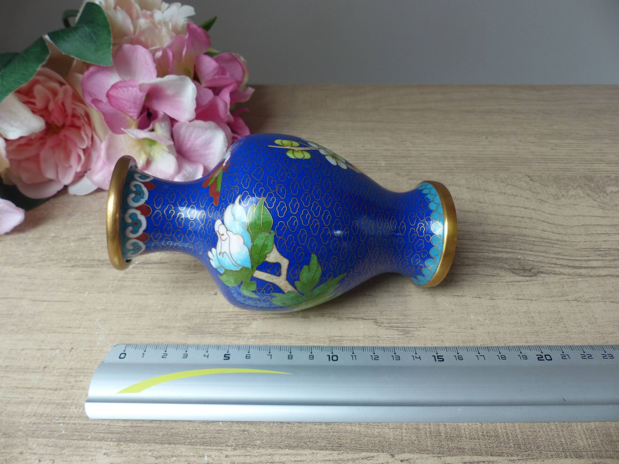 Old small blue cloisonné brass vase with pink peony flower motif