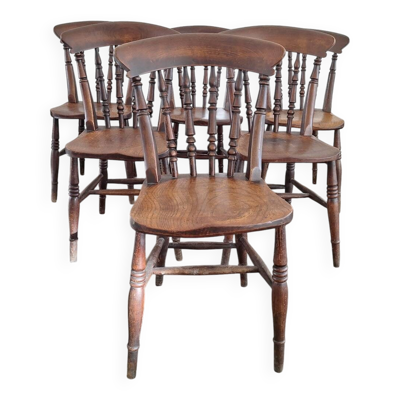 Ensemble antique de 6 chaises de salle à manger en chêne patiné de style ferme, 19e siècle