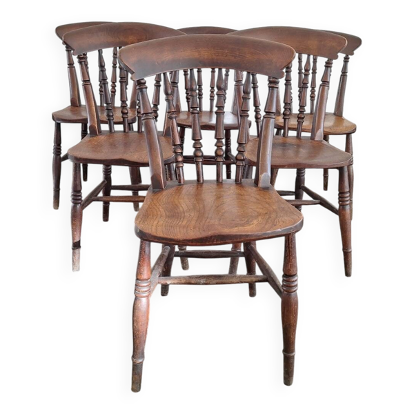 Ensemble antique de 6 chaises de salle à manger en chêne patiné de style ferme, 19e siècle