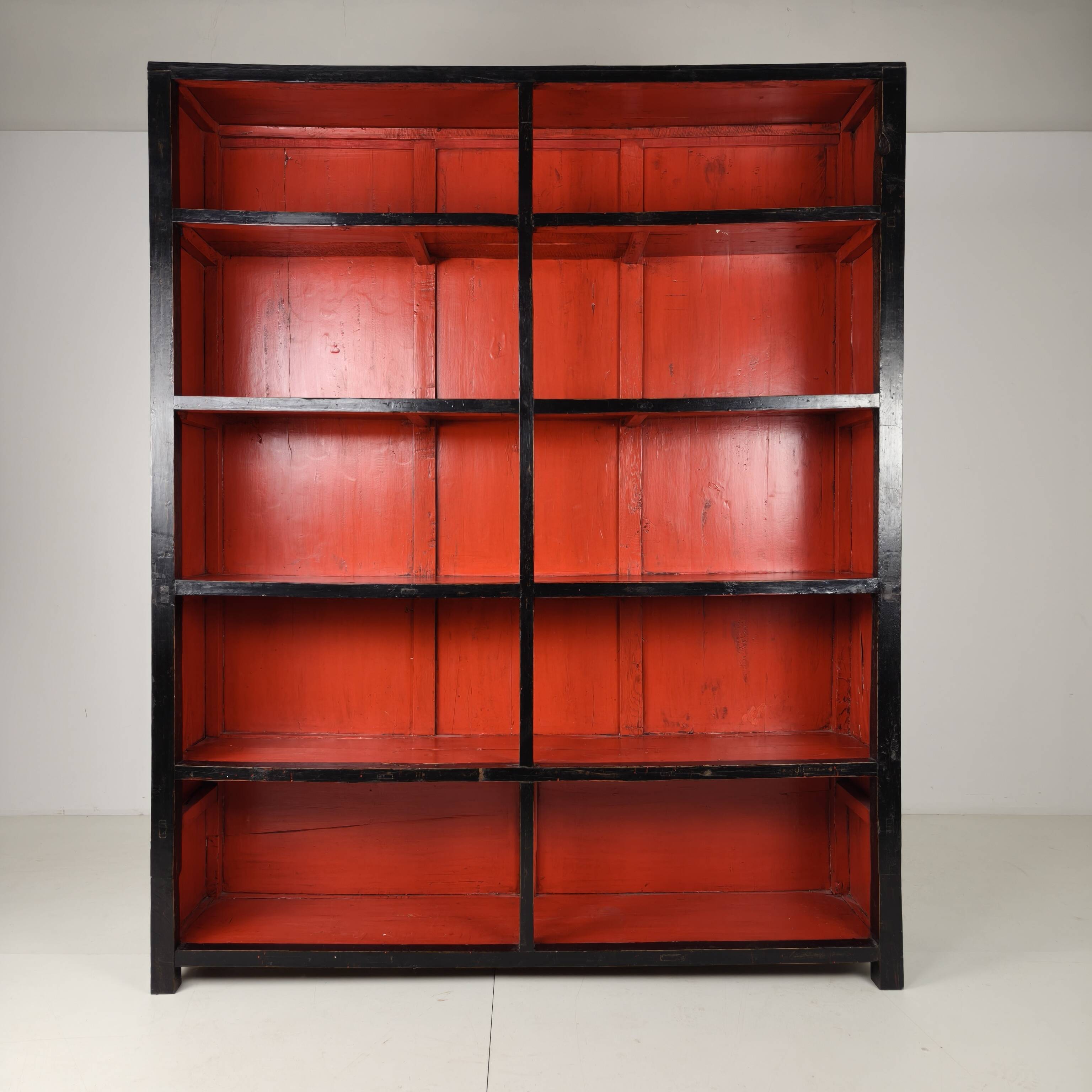 Antique Chinese Display Cabinet / Open Bookcase with Red Lacquer Interior