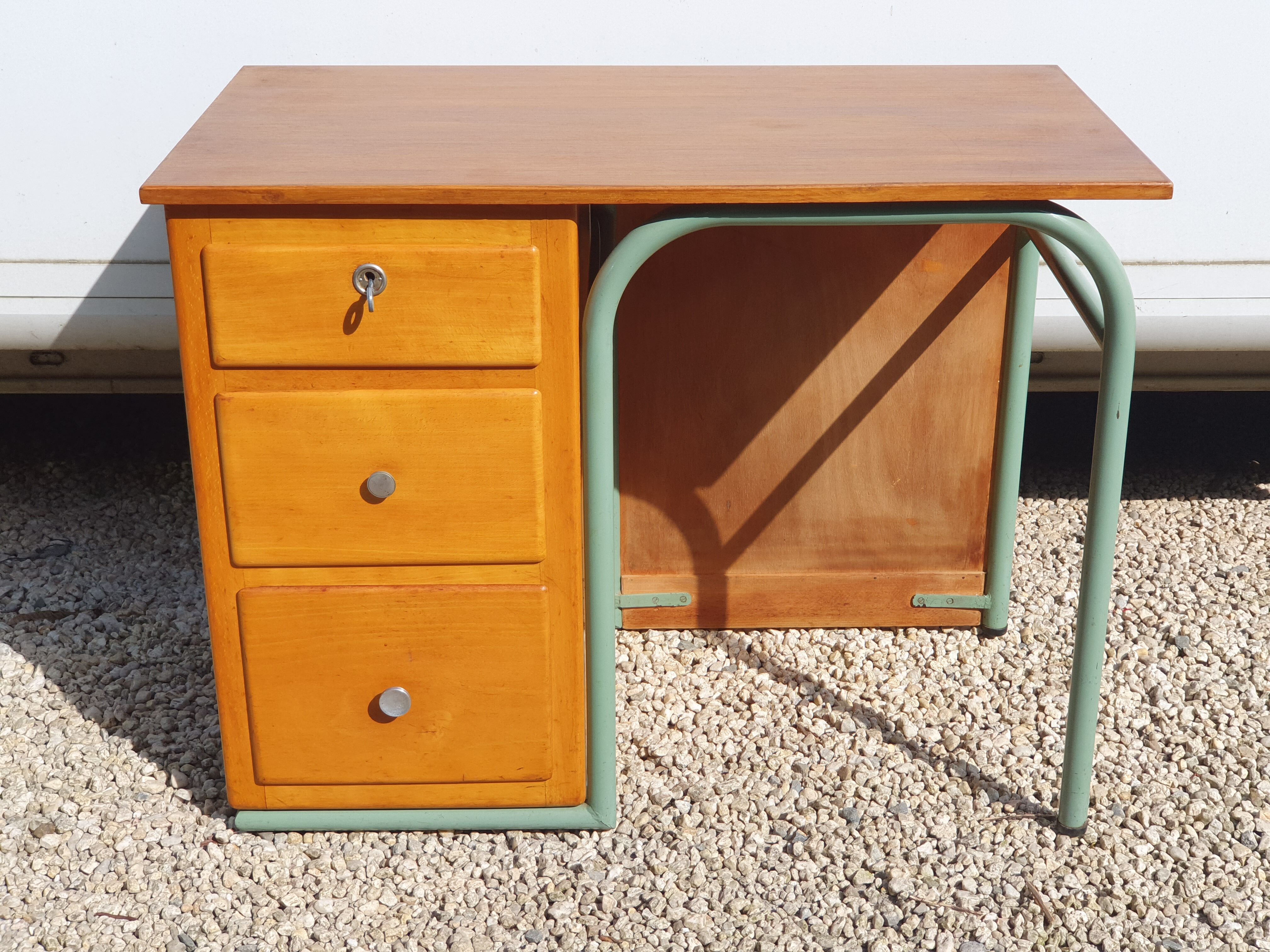 Small vintage desk with 3 drawers in lacquered tube and wood