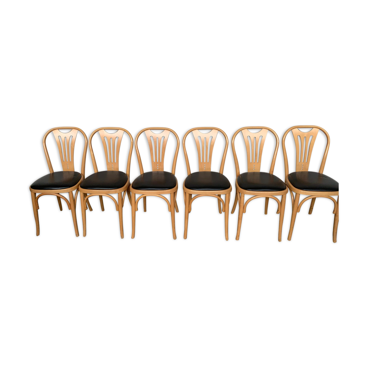 Series of 6 bistro chairs in curved wood seated skaï black