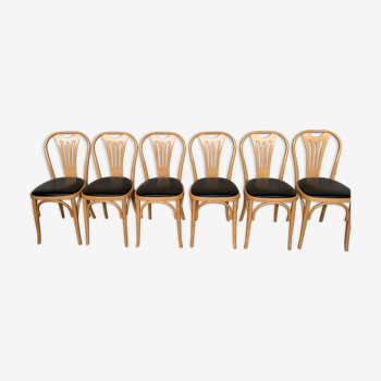 Série de 6 chaises bistrot en bois courbé assise skaï noir
