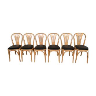 Series of 6 bistro chairs in curved wood seated skaï black