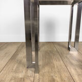 Brushed stainless steel design side table and 70s smoked glass
