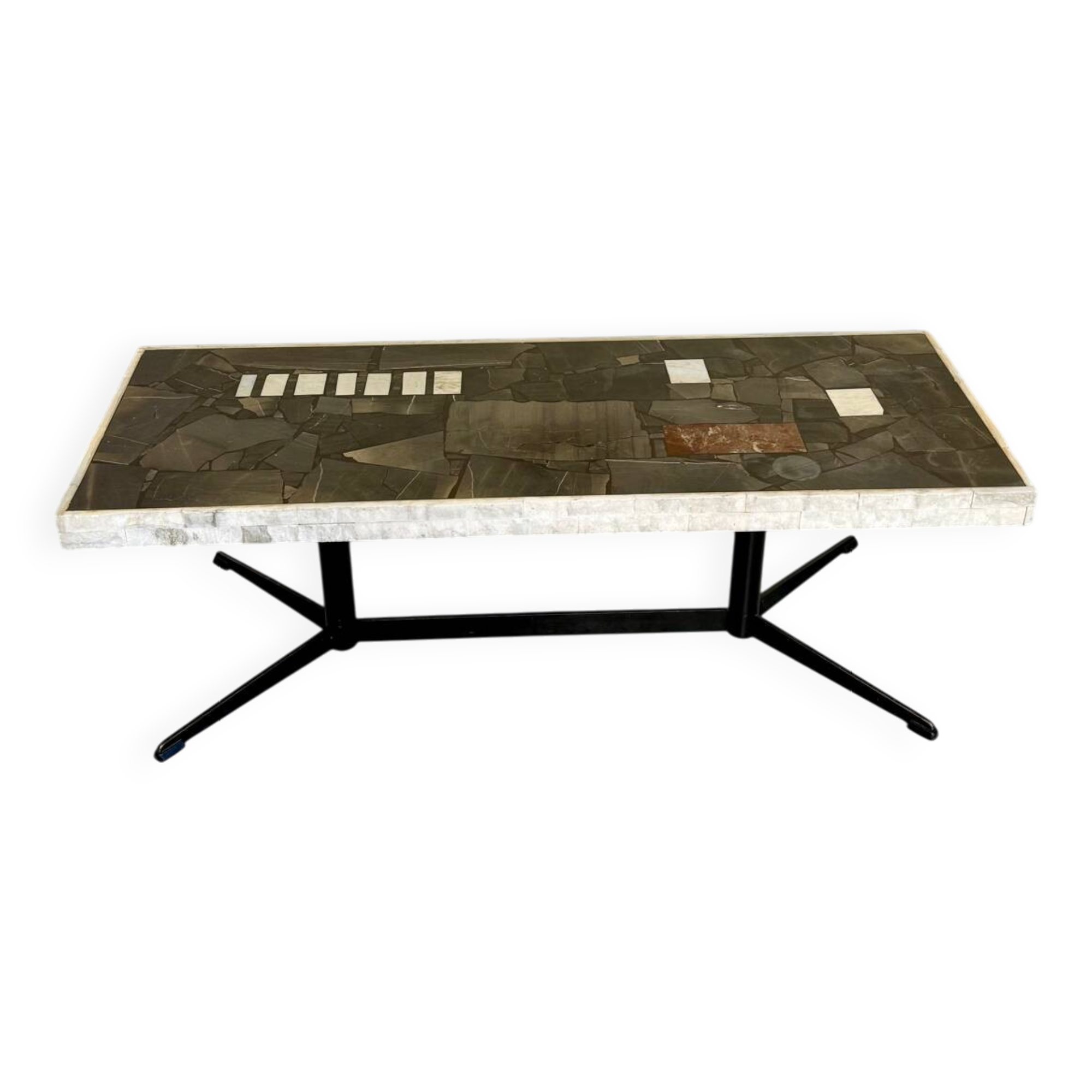 Ancienne table basse en pierre mosaïque design années 70 pied métal vintage