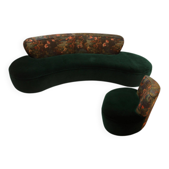 Modern Mid-Century Style Green and Forest Motif Curved Sofa and Armchair France