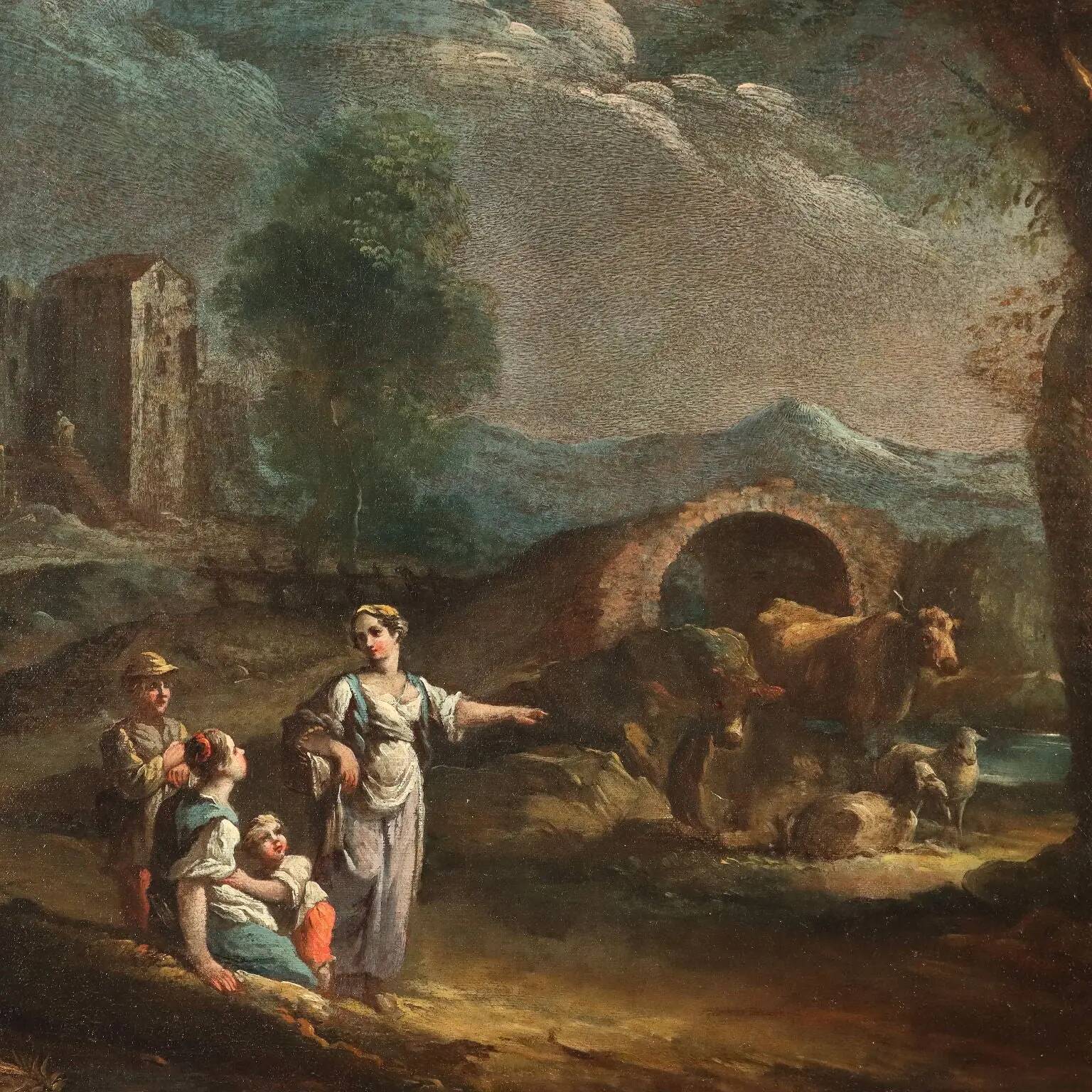 Peinture ancienne paysage avec figures, huile sur toile, XVIIIe siècle