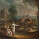 Peinture ancienne paysage avec figures, huile sur toile, XVIIIe siècle