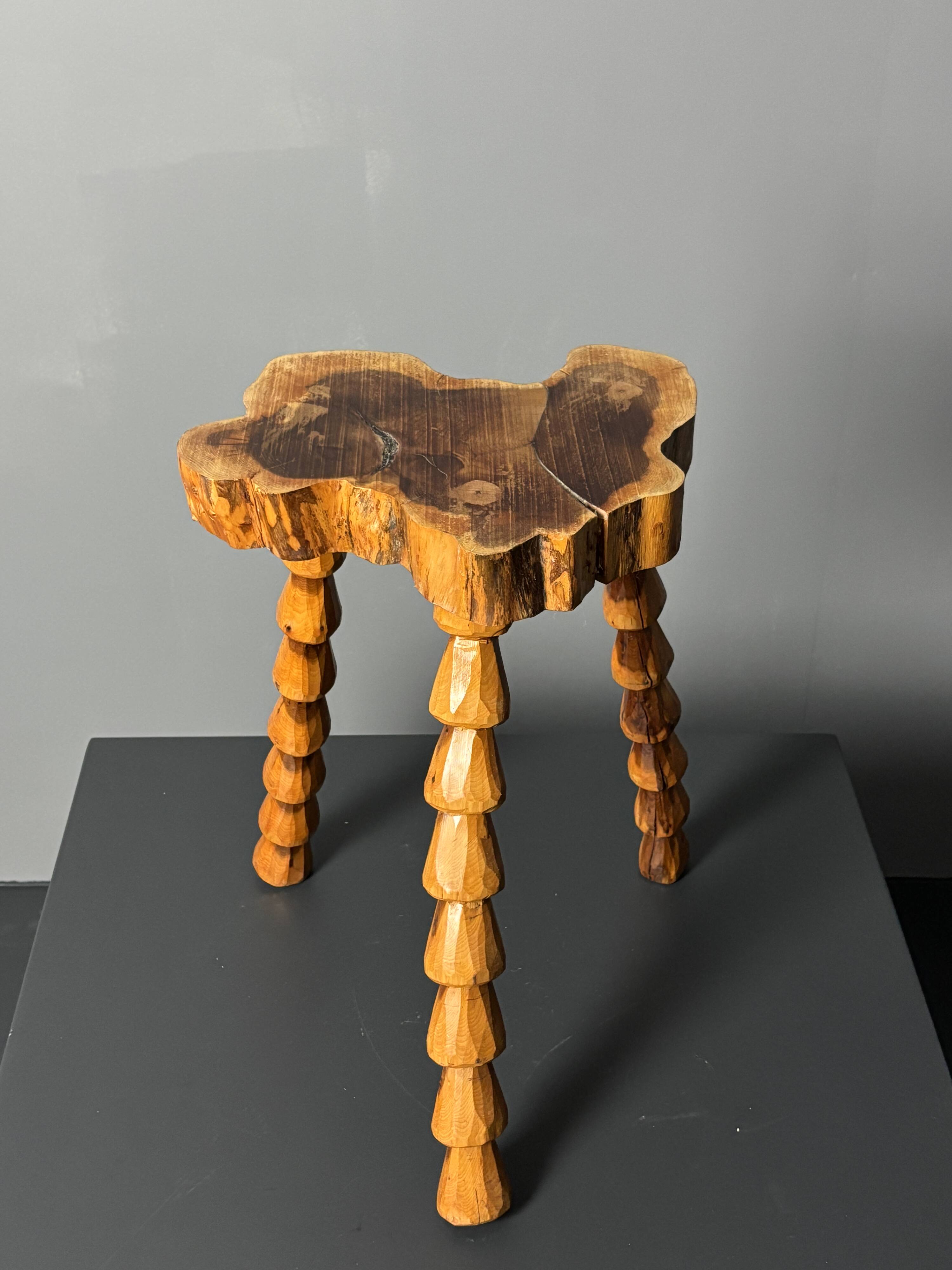 Midcentury brutalist artisanal wood turned handmade tripod stool, ca 1960s