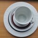 Ensemble de café vintage allemand pour 6 personnes par Thomas Arcta, bourgogne et platine.