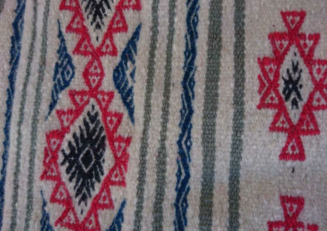Kilim beige blue red handmade carpets, 90x60cm
