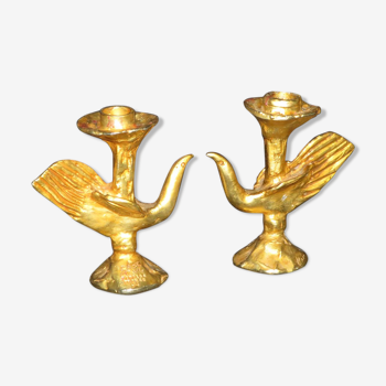 Pierre Casenove paire de lampes bougeoirs Oiseaux en bronze doré fondica