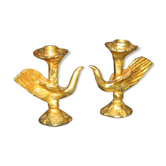 Pierre Casenove pair of lamps sconces birds in gilded fondica bronze