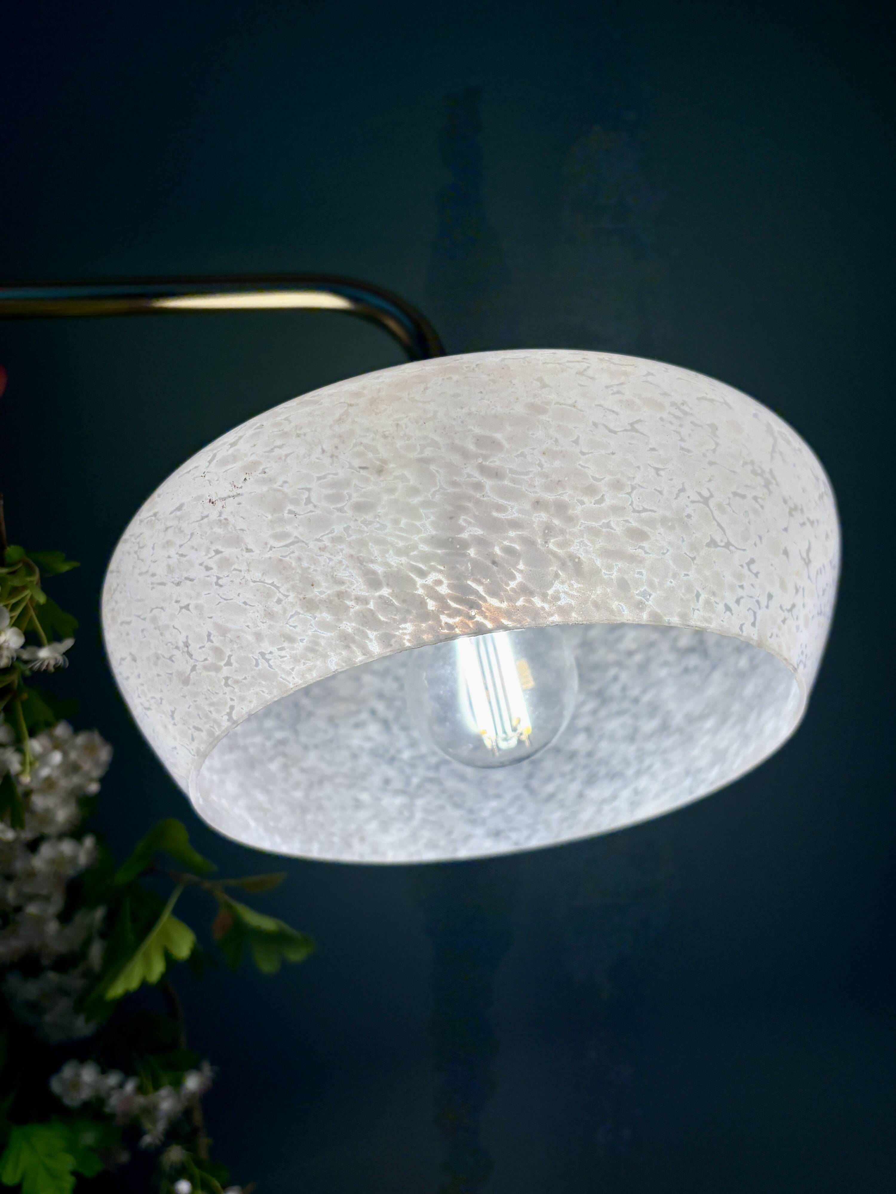 Vintage glass wall lamp with a curved arm from Clichy, white.