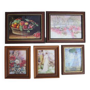 Set of 5 reproductions paintings with frames: imitations of paintings on enamel