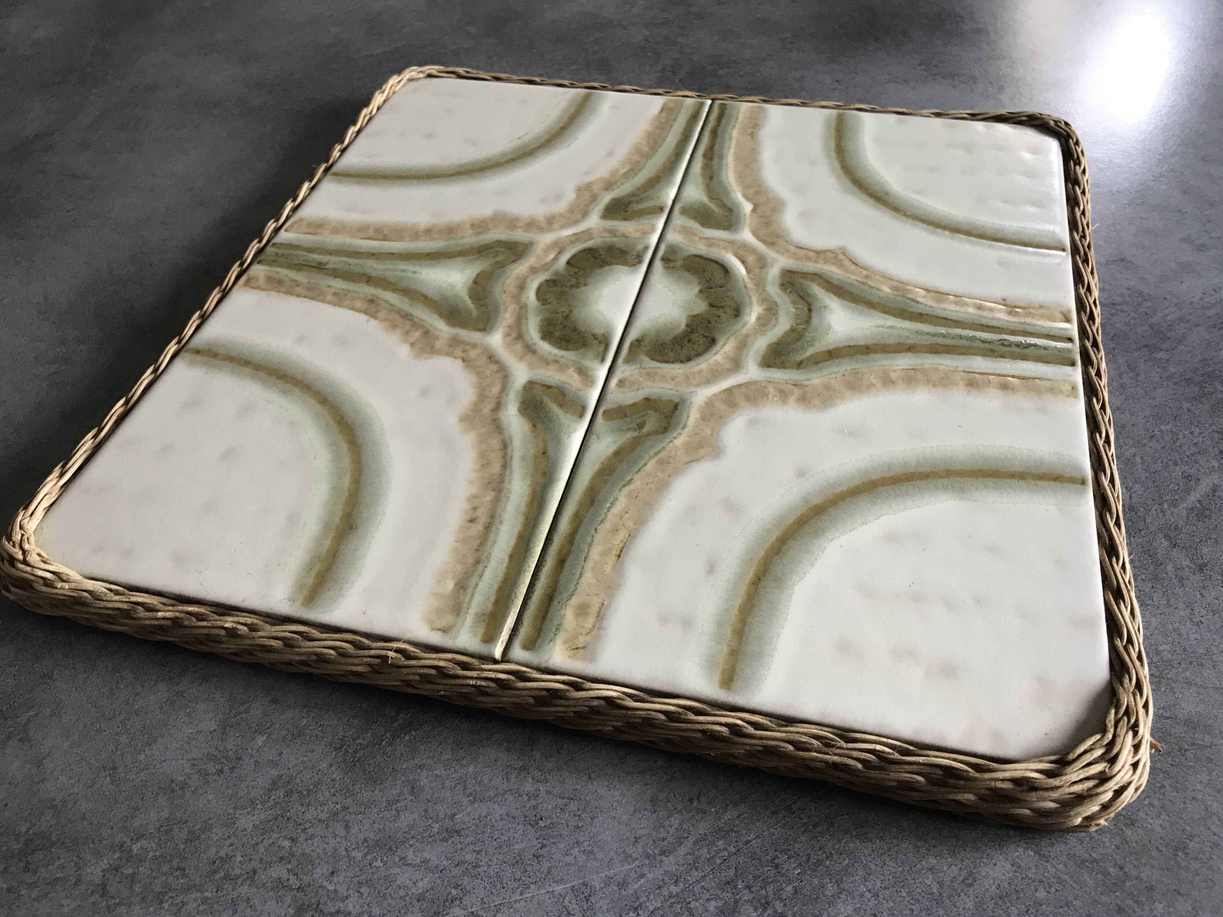 Ceramic tile trivet with vintage pattern woven wicker outline