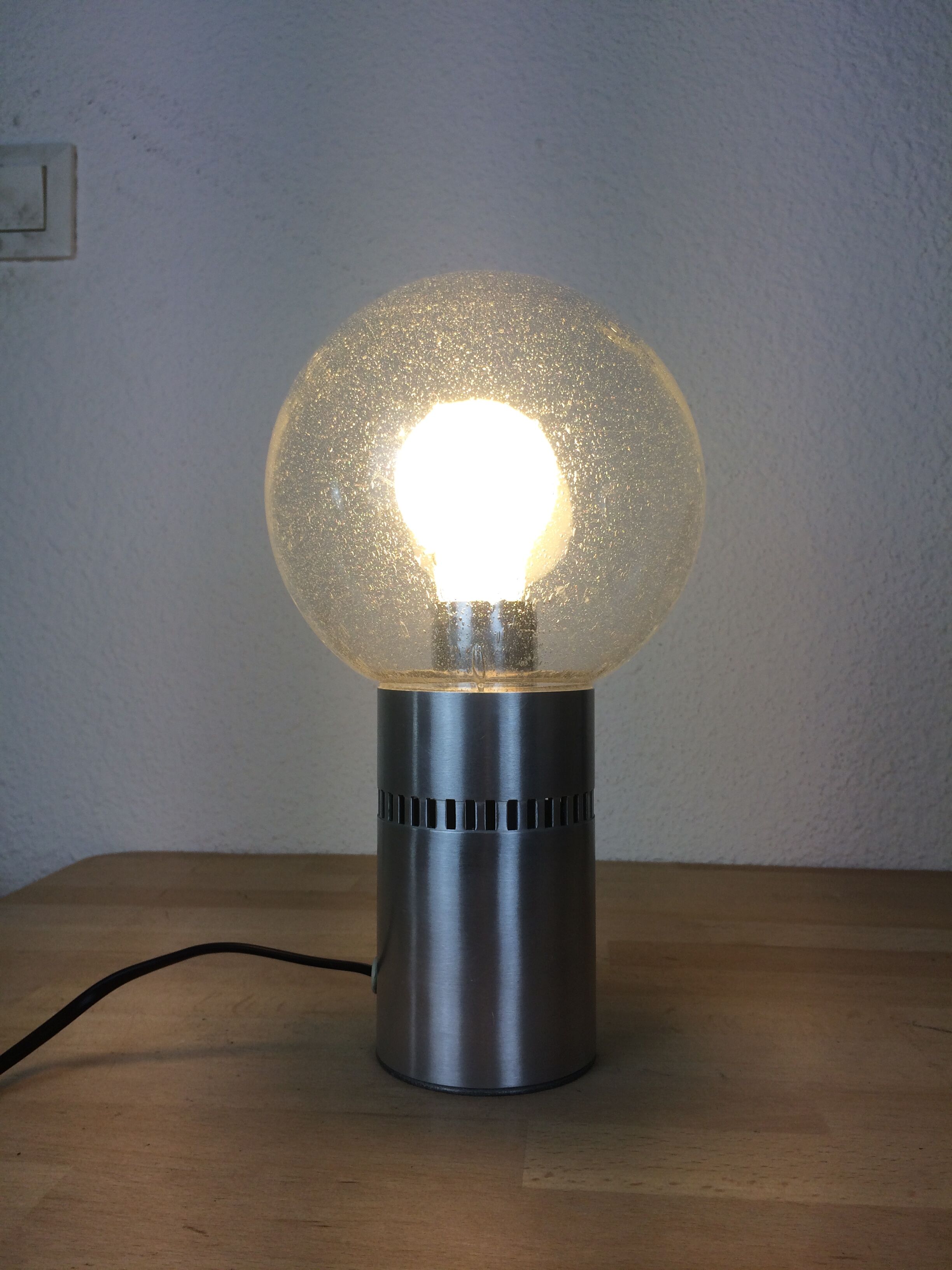 70's globe lamp brushed aluminum and bubbled glass, space age